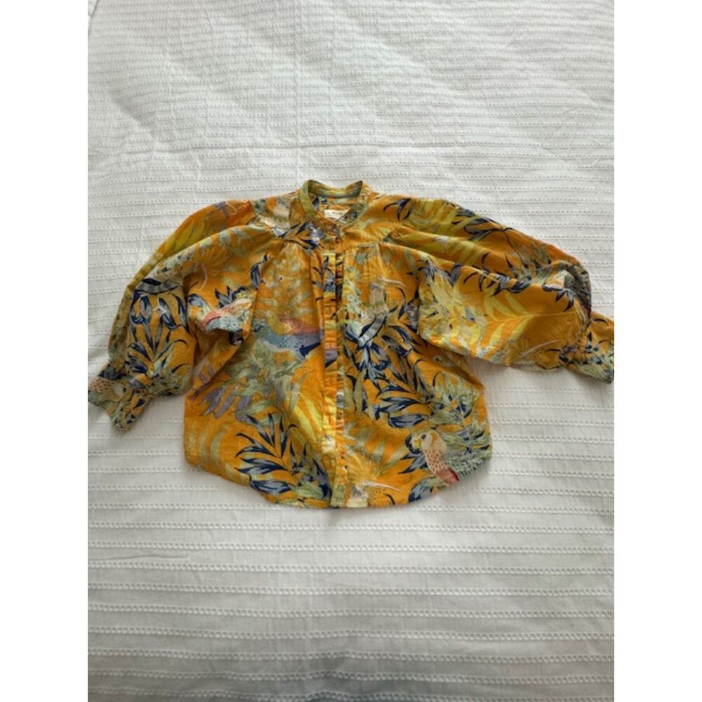 Anthropology Maeve Puff-Sleves Floral Butterfly Parrot Blouse.